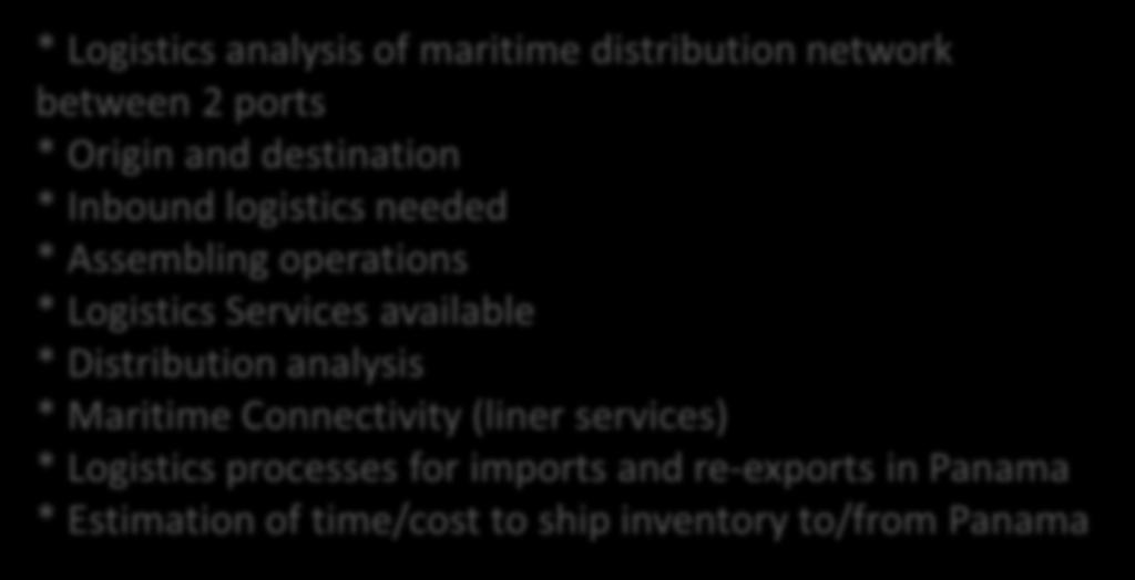 Assembling operations * Logistics Services available * Distribution analysis * Maritime Connectivity (liner