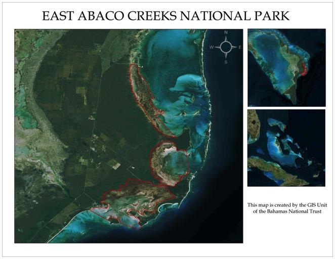 East Abaco Creeks National Park Size: 13,000 Acres This is an extensive wetland habitat connected hydrologically through blue holes that include the Snake Cay creeks, the Bight of Old Robinson and