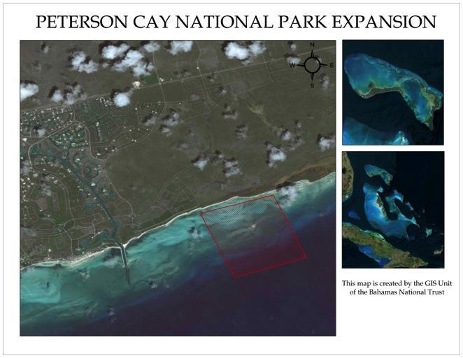 Peterson Cay National Park Expansion Size: 1,000 Acres Peterson Cay, originally granted in 1971, is located 7 miles east of Lucaya off of the southern shore of Grand Bahama.