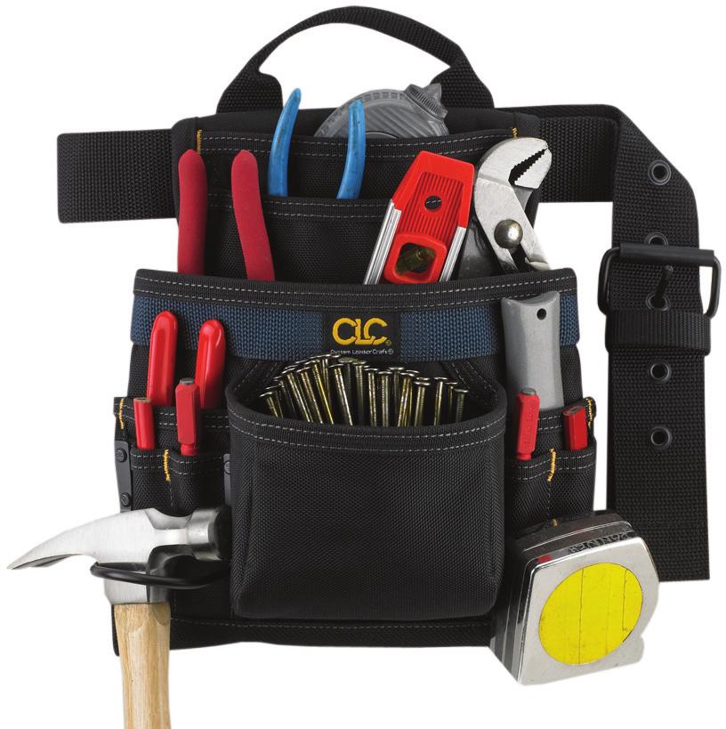 16 WORK GEAR 2823 10 Pocket Ballistic Nail & Tool Bag Double layer of rugged, lightweight ballistic poly fabric Innovative handle design for easy adjustment and carrying 4 Main nail and tool pockets