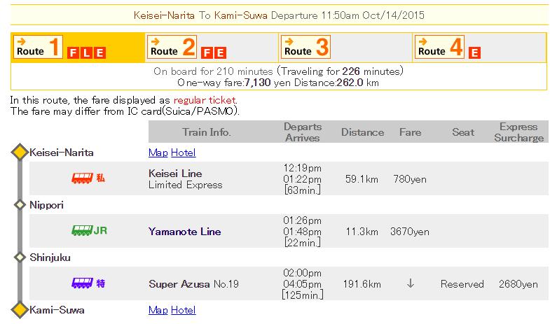 By Keisei Line +JR Line : Narita station (Skyliner limited express) Nippori station (JR Yamanote Line) Shinjuku station (Azusa limited express) Kami-Suwa station 3.