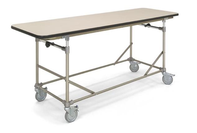 stainless steel top with drain in center of foot end Tubular steel frame with lockable 7" wheels 80"