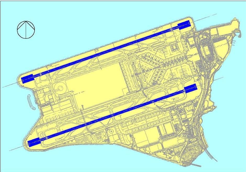 2) consists of two runways, which are supported by two passenger processing terminals, two passenger concourses with 97 passenger aircraft parking stands, three cargo