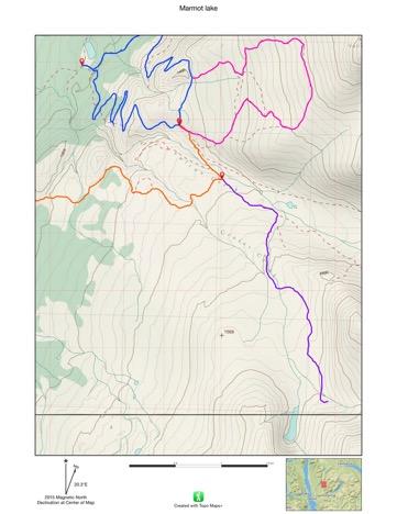 Marmot Lake (purple route) Starting point: Bottom of Switchback Galore on the forestry road. Length: 3.