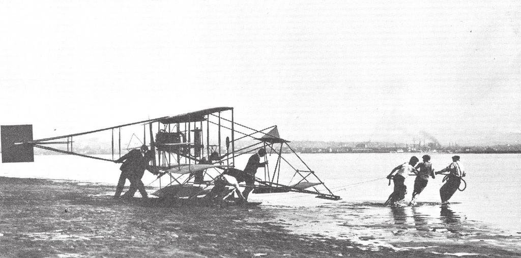 Aviation students often had to don bathing suits and help Curtiss drag the hydroaeroplane in and out of the chilly waters of San Diego Bay.