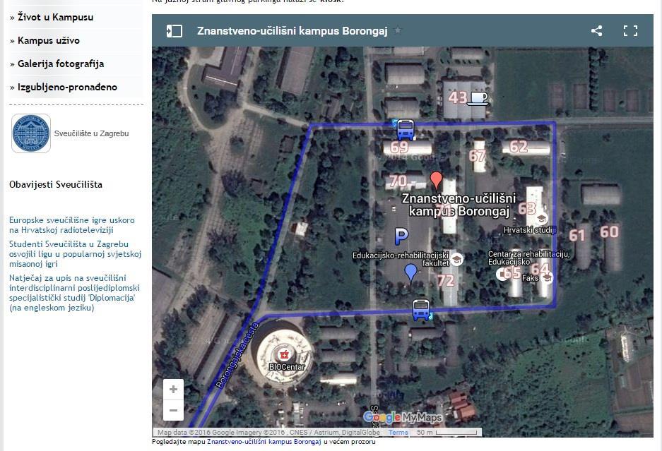 Interaktivna karta samoga Kampusa s pokazateljem kretanja autobusa, kao i brojevnom legendom zgrada -