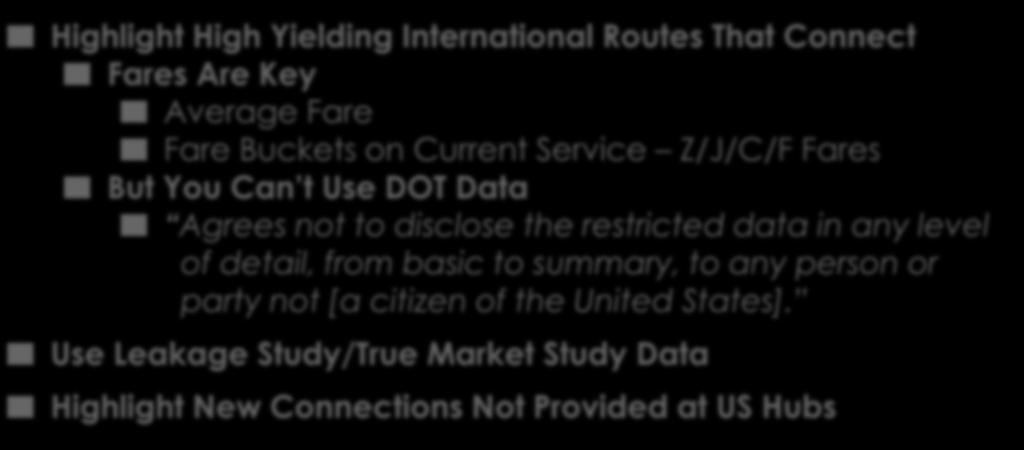 Keys for US Airports Pitching Canada Service Highlight High Yielding International Routes That Connect Fares Are Key Average Fare Fare Buckets on Current Service Z/J/C/F Fares But You Can t Use DOT