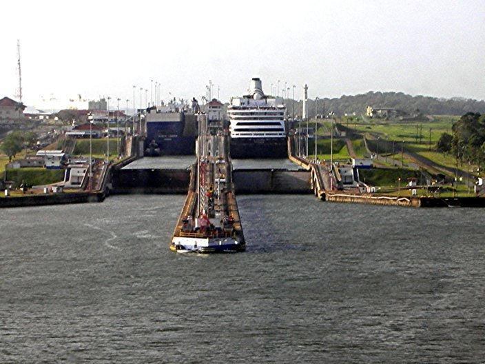 This photo shows the approach to Gatun Locks from the Caribbean at the Panama Canal We were fascinated by the opening and closing of
