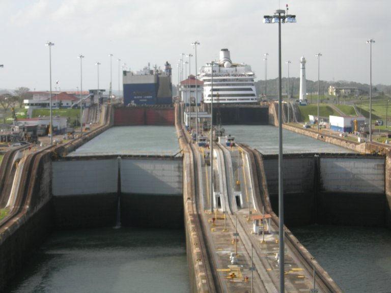 The Amsterdam had about 2 feet clearance on each side. The three Gatun Locks raised the ship about 85 feet up to Gatun Lake.