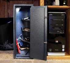 holes in the back of the safe permit charging electronics while locked Rubber lining protects your