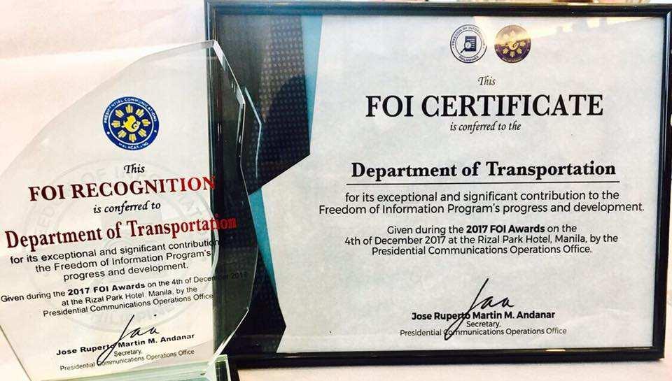 efoi Portal DOTr was recognized as one of the top performing department/national agencies during