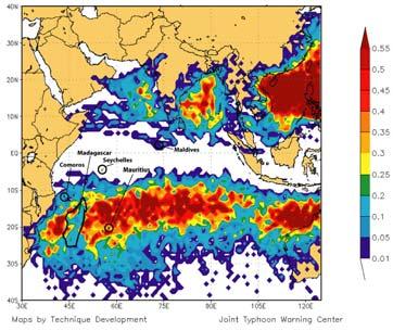 Tropical Cyclones in Indian Ocean (Storms with sustained wind > 63 km/hr or 38 mph) Year 2004: At or below climatological averages in Indian Ocean, Arabian Sea and Bay of Bengal.