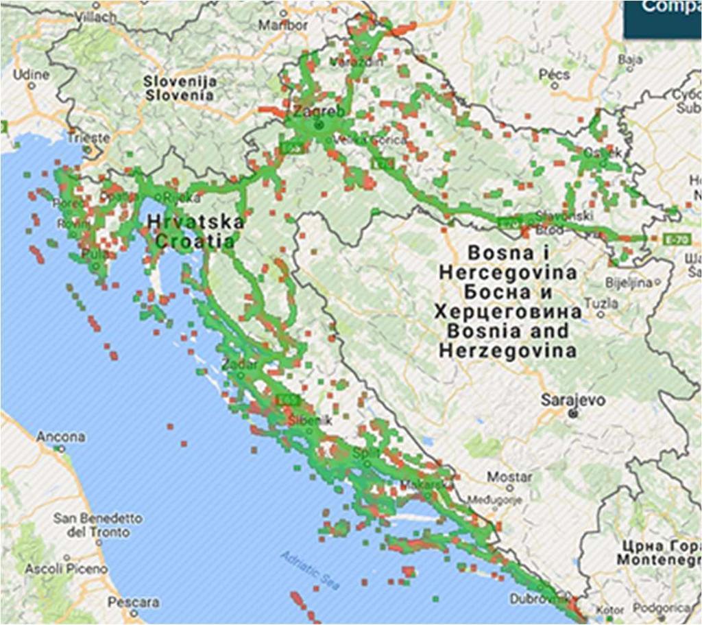 Na području središnje Hrvatske najveću pokrivenost svim vrstama mreže ima T-HT no pruža najmanje pristupne brzine.