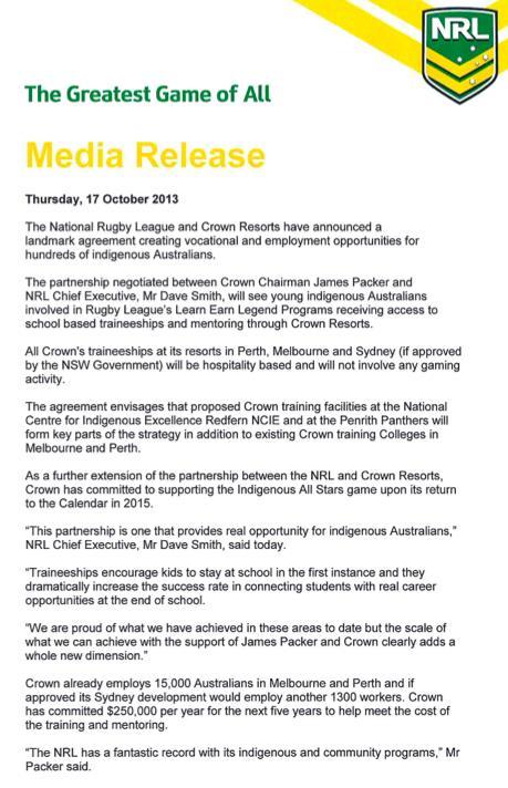 Partnership with the NRL NRL partners on Crown Sydney Hotel Resort The NRL and Crown Resorts have announced a landmark agreement creating vocational and employment opportunities for hundreds of