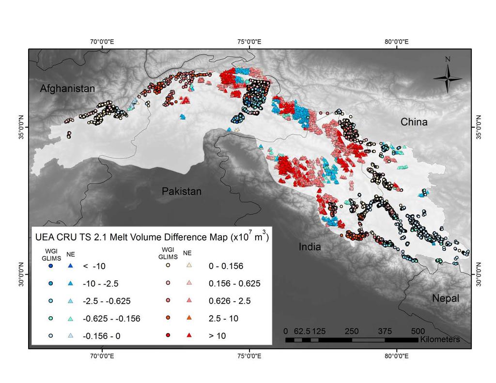Figure 18: Map showing average difference in melt volume between UEA CRU TS 2.