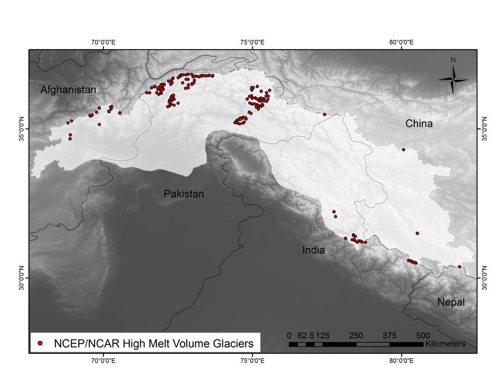 47 Figure 21: Map showing the 174 glaciers contributing 70% percent of the melt using NCEP/NCAR reanalysis. NE glaciated areas were not used in this calculation (2006; Kalnay et al., 1996).