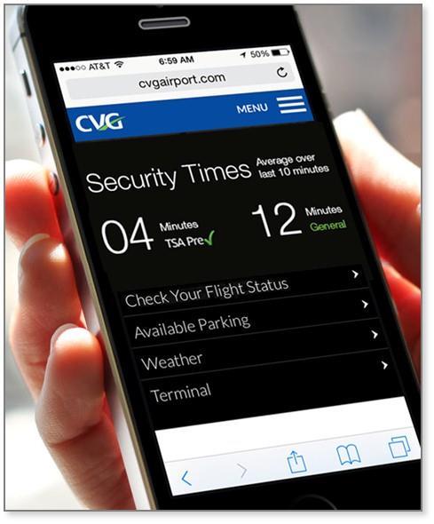 Security wait times displayed After one year of data, CVG and TSA worked together to reduce standard wait times by one third, all while passenger traffic was increasing New feature allows us to