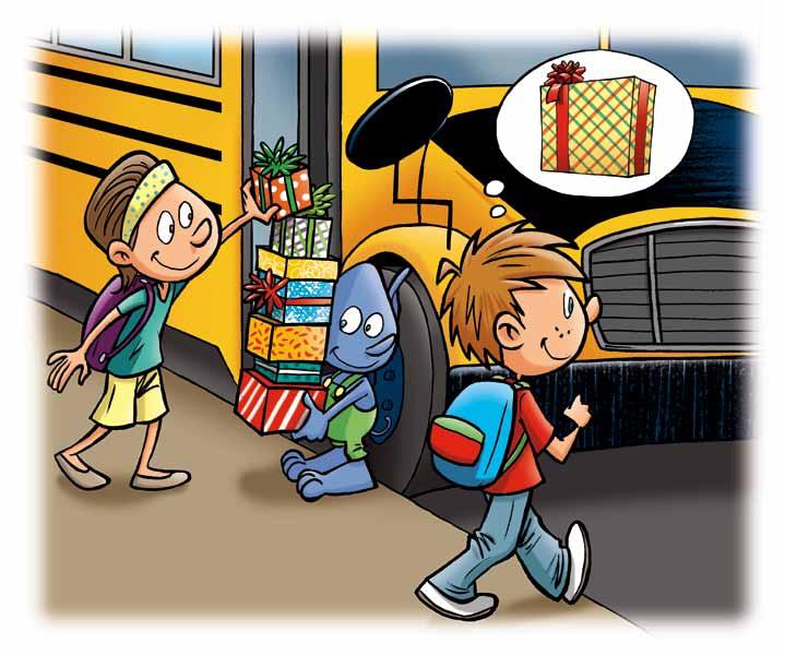 Bloop gets off the bus but plants himself right next to the door, out of the driver s sight, to gather the presents from the children getting off one by one. He has his arms full.