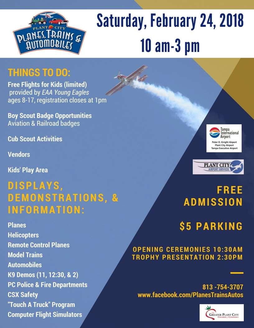The IRCC has once again been asked to be the featured Remote Control Aircraft Exhibitor for next year s Planes, Trains & Automobiles event at the Plant City Airport on Saturday February 24th 2018.