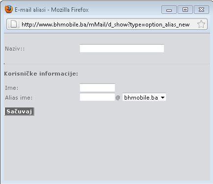 U polju alias također vršite administraciju mmail aliasa (maksimalno 3), gdje komandom Izmjeni ažurirate postojede mmail aliase, dok komandom Novi, dodajete dobijene email adrese koja se sastoji od