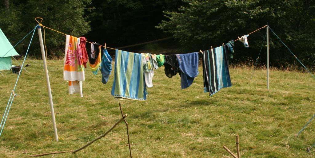 Blanket line 2 points This is a long 'washing' line used to air your bedding and to dry off wet clothes; the two white poles, and guy-lines are available from the Scouters.