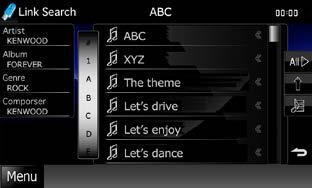 Rad funkcije CD/Audio i vizualnih datoteka/ipod/aplikacija Pretraživanje kategorija (samo USB uređaj, ipod i SD kartica) 1 Dodirnite željenu kategoriju na lijevoj strani zaslona.