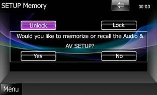 Podešavanje postavki Memorija postavki Postavke upravljanja zvukom, AV-IN SETUP, fotoaparata i SETUP mogu se pohraniti. Pohranjene postavke možete uključiti bilo kada.