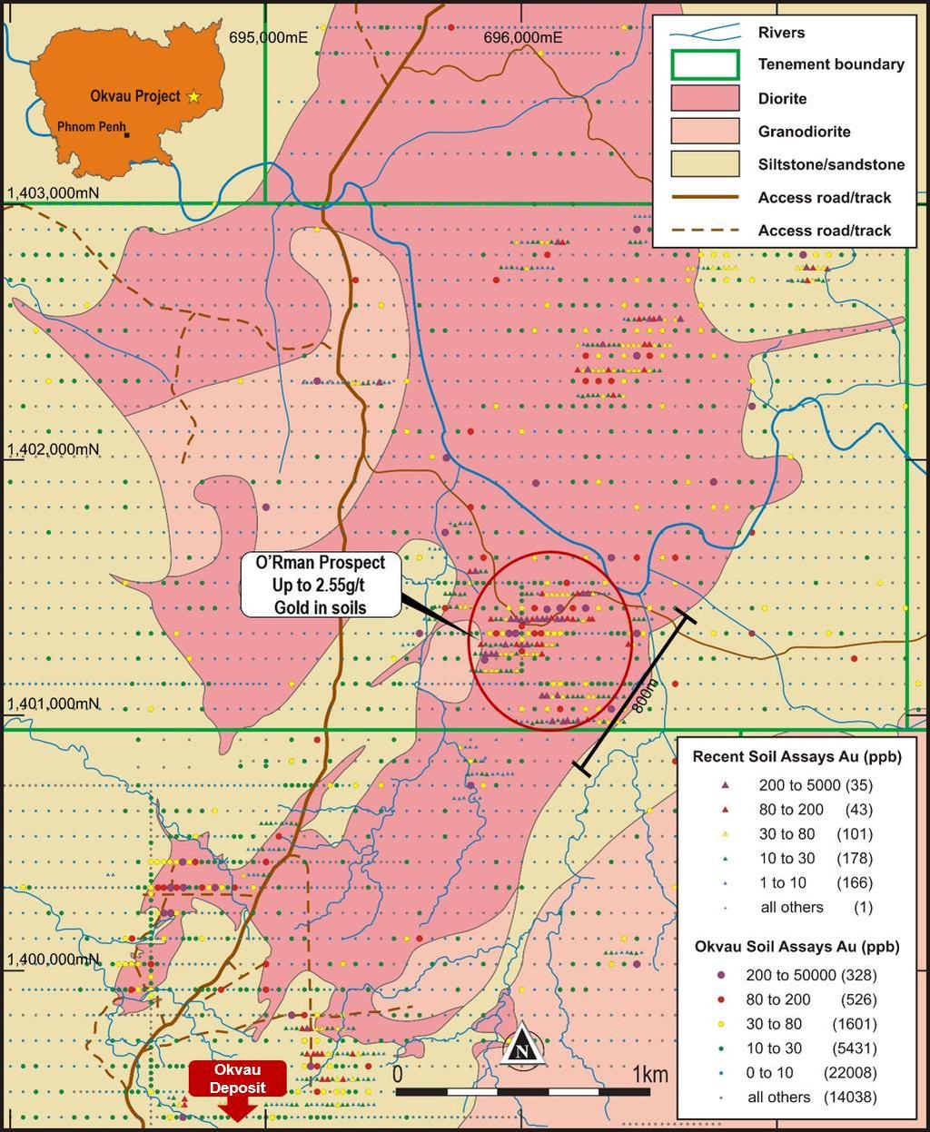 O Rman Prospect 6km North of Okvau Deposit 800m x 600m soil anomaly with up to 2.