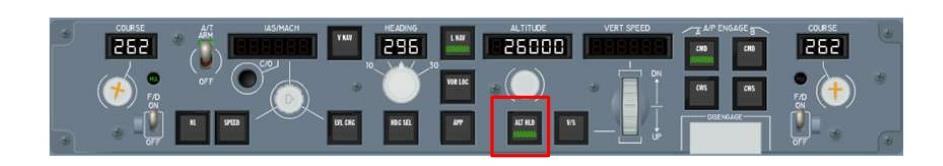 2.2 Machine (aircraft) Figure 9: The mode control panel (MCP) and the indication on the primary flight display. (Source: https://www.slideshare.net/theoryce/autoflight-part-1) 2.2.1 If the ALT HOLD push button (red square above) is selected, the aircraft will vertically navigate to the selected Mode Control Panel (MCP) altitude as shown in the window.