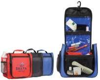 1107 10.5"W x 10"H x 4" 210 Denier Royal Blue, Red, DUFFEL: Multi-Pocket Hanging Toiletry Brief Bag. Has 2 clear zipper compartments, front zipper pocket, side mesh pocket, and hang clip.