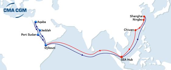 ASIA - RED SEA Services REX 1 I REX 2 WESTBOUND Half of the fleet owned by CMA CGM Direct calls to Djibouti and Port Sudan Connection to Yemen (Aden adn Hodeidah) via Jeddah Excellent customer