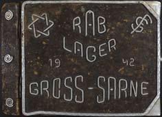 The book has a cover of wood and tin, adorned with a Star of David and the inscription: RAB: Lager Gross Sarne, 1942.