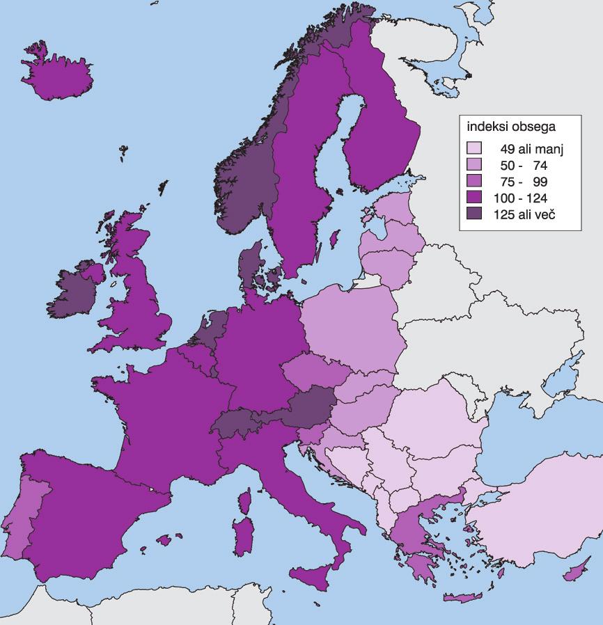 CENE V SLOVENIJI Primerjave cen med dr`avami 57 Karta 3: BDP na prebivalca v SKM, evropske dr`ave, 2010 EU-27 = 100 V zadnjih treh opazovanih letih, od 2008 do 2010, se je BDP na prebivalca v SKM v