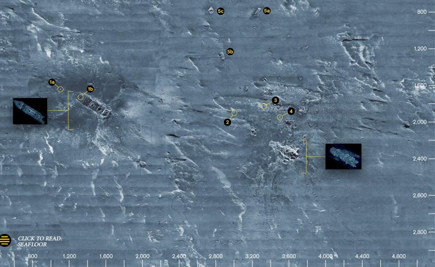 51-12 Titanic debris field: Patched sonar image "It took some 15,000 people, 2 years, to build the Titanic... with more than 25,000 tons of steel... her engines produced nearly 50,000 horse power.