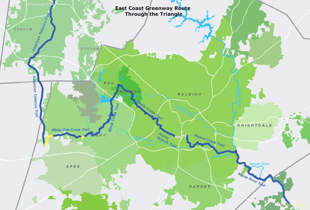 East Coast Greenway Triangle Route 72 Miles Durham to Clayton 93% Complete Gaps funded