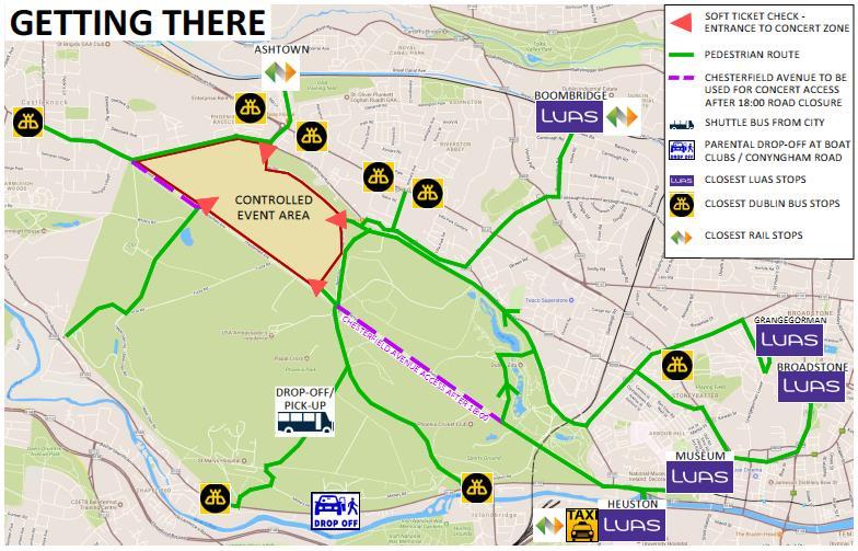 Iarnród Éireann Dublin Bus DART - LUAS Ianród Éireann will be providing extra trains following the concert from Ashtown Train station inbound to Connolly Station for connections to Dart and other