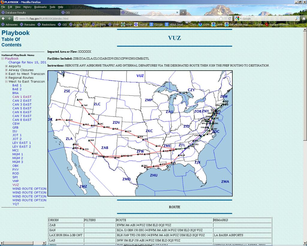 FAA TFM Web Resources National Playbook Example: Vulcan (VUZ) Playbook route Used when convective weather forms in the