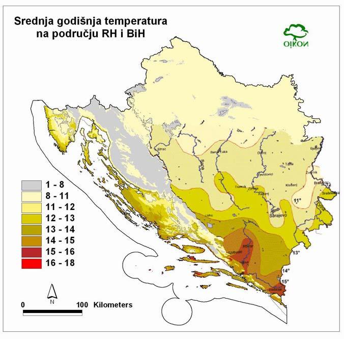 3. shows average annual temperature in the area of RH and BiH, indicating that temperature is higher in the river basin area than in the surrounding area of
