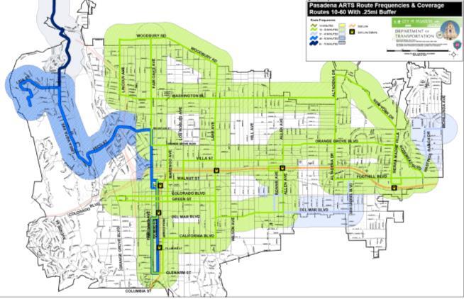 The Pasadena Transit Route Frequencies & Coverage map, Figure 14, shows the impact of looking at all the transit services as a network.