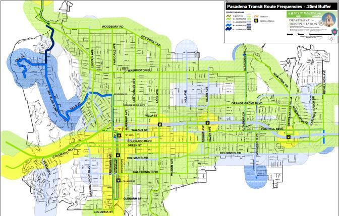 In addition to the green areas (16 to 30 minute service) and the light blue areas (31 to 45 minute service), there are yellow areas on the map that indicate a service frequency of 15 minutes or less.