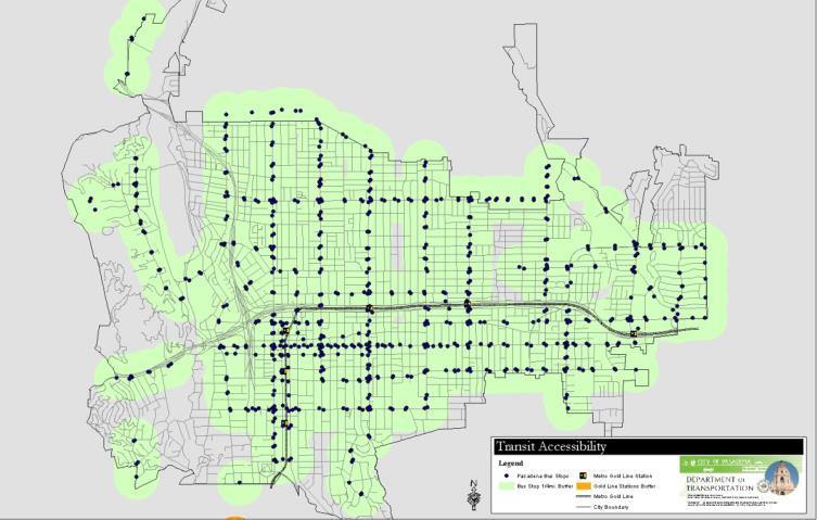 The Pasadena ARTS Route Frequency & Coverage map, Figure 13, provides an overview of the coverage provided by Pasadena ARTS, and the colored buffer areas show the frequency of service.