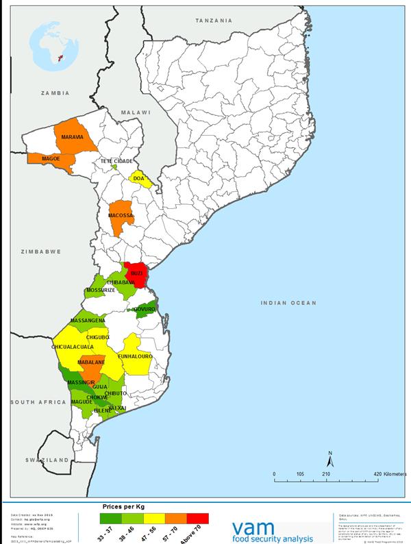 However, prices fell in Chokwe, Massingir, Bilene-Macia, Doa, Tete Cidade and Govuro compared to February thanks to the harvest, the increased availability of food on the market and food assistance