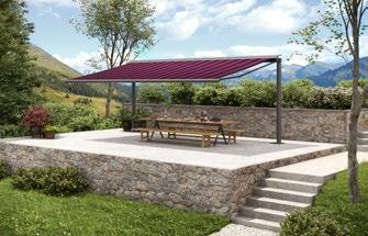 This free-standing awning literally stands on its own two feet, two round posts or angular supports and a massive cross beam ensures extreme stability.