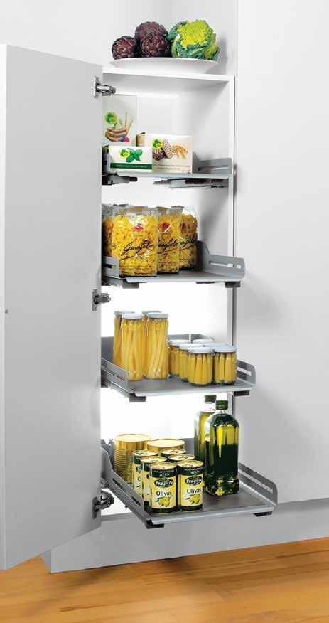 EXTENDO Shelving System Features & Benefits: At home in the kitchen, scullery, wardrobe or living room Steel shelf available in two colours: grey and white Install as an open shelf system or