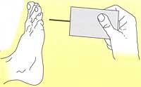 8-9 1. Hold the monofilament by the handle 2. Use a smooth motion to touch the filament to the skin on your foot. DO NOT touch a sore or callus with the monofilament.