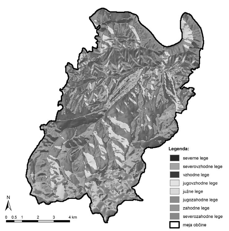 Boštjan Kop: Raba tal in izbrane naravnogeografske značilnosti na območju Slika 5: Ekspozicije površja v občini Lovrenc na Pohorju. Vir podatkov: DMV 25; GURS, 2008.