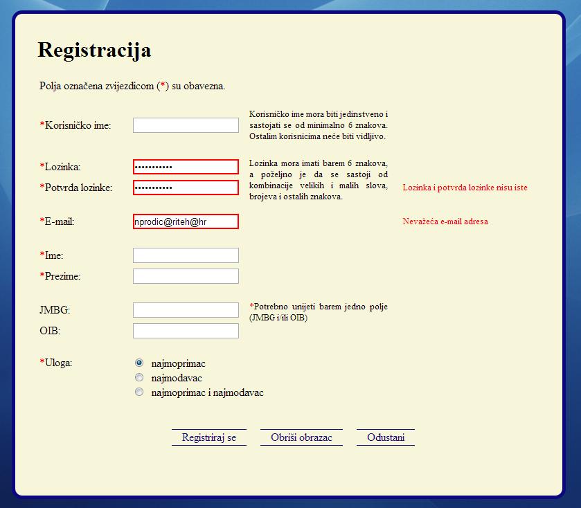 4.2. Registracija Skripta registracija.php se sastoji od html obrasca i javascript validacija.