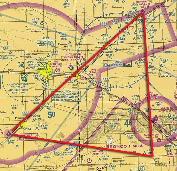 Benger Airport Friona Class D Airspace Bovina Clovis airport Clovis Muleshoe Muleshoe airport Portales Salt Lake Arch Needmore Circle Back Figure 11-7. Cross-country triangle.
