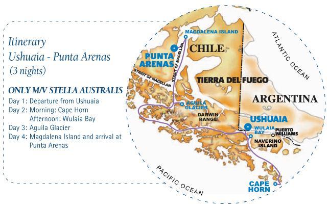 Itinerary 2: Ushuaia Punta Arenas Route, Stella Australis (3 nights) On the Ushuaia Punta Arenas route, you will enjoy the splendour and beauty of unique natural scenery and wildlife.