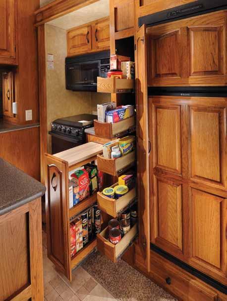 With the Brookstone kitchen you will not only be the envy of the campground, but every chef that enters. Storage abounds with our custom Hickory cabinet doors and stiles.